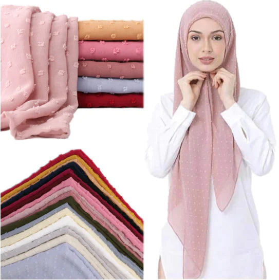 Islamic Pearl Chiffon Scarf with Pom Poms 180x70cm