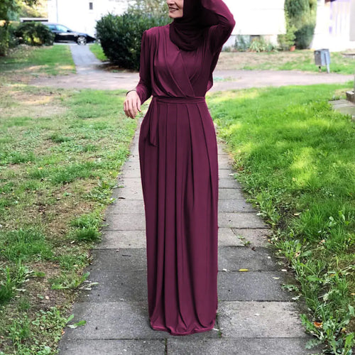 2021 New Solid Color Long Muslim Dress