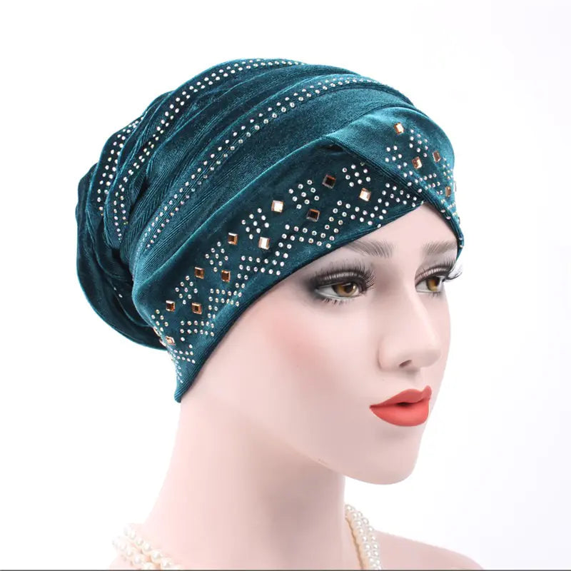 2017 Velvet Rhinestone Cap Muslim Headscarf Hat