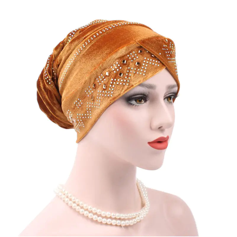 2017 Velvet Rhinestone Cap Muslim Headscarf Hat