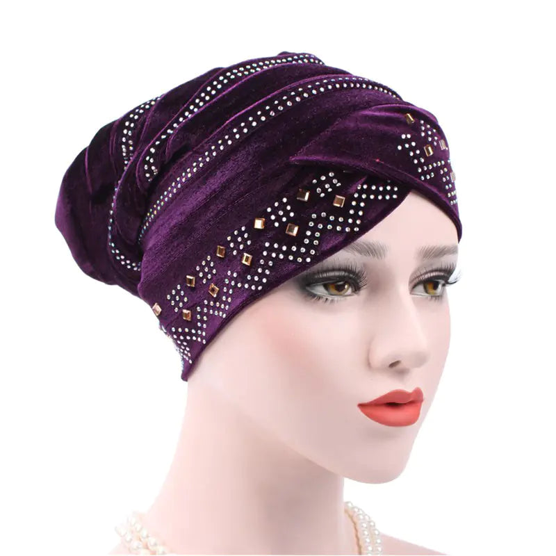2017 Velvet Rhinestone Cap Muslim Headscarf Hat