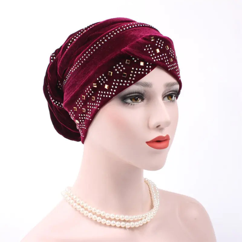 2017 Velvet Rhinestone Cap Muslim Headscarf Hat